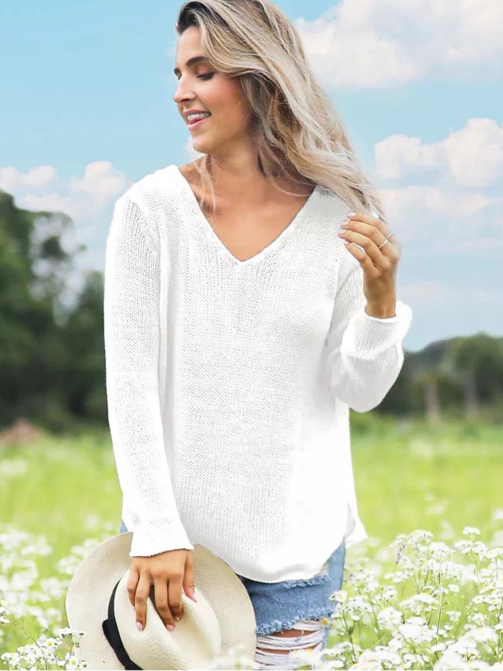 Wooden Ships size XS-SMALL oversized cotton Cream Open-Knit V-Neck Sweater